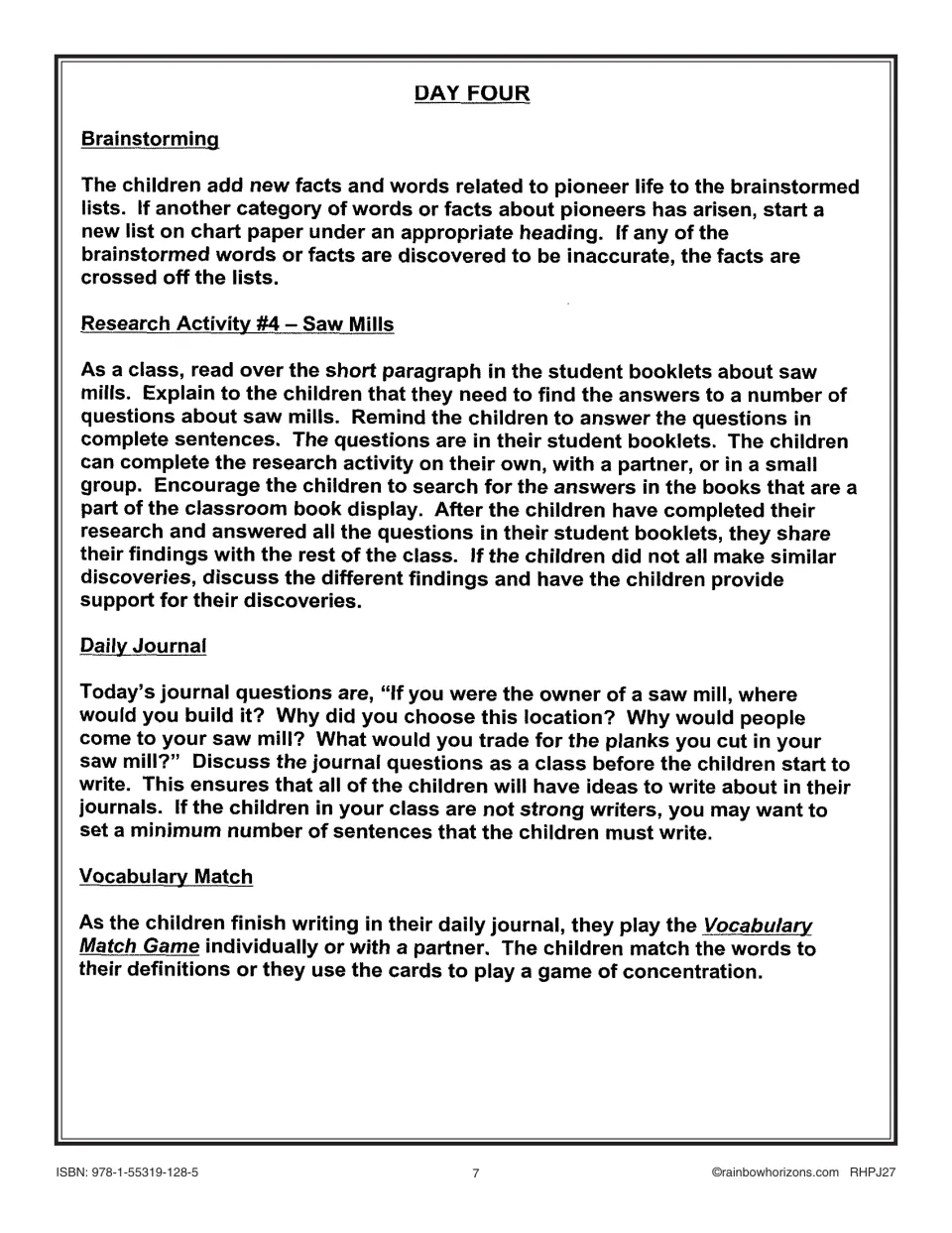 Day Four lesson plan: saw mill research, a journal about mill location and trading planks, and vocabulary matching