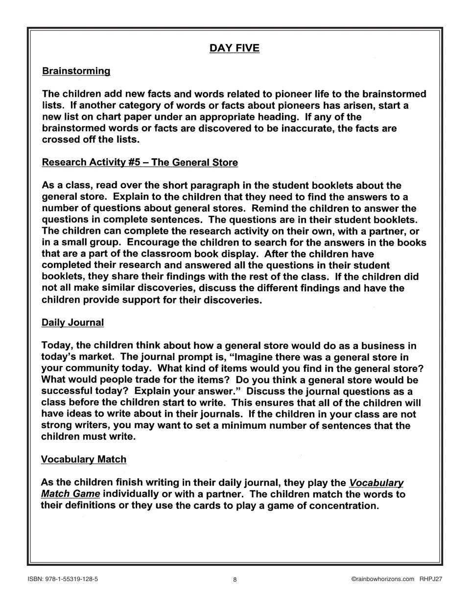 Day Five lesson plan: general store research, a journal about a store in today's community, and vocabulary matching