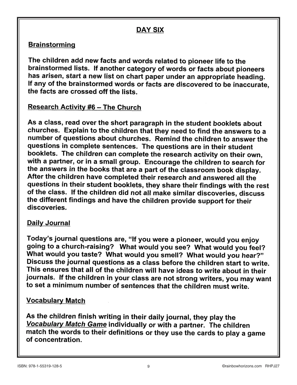 Day Six lesson plan: church research, a sensory journal about attending a church-raising, and vocabulary matching