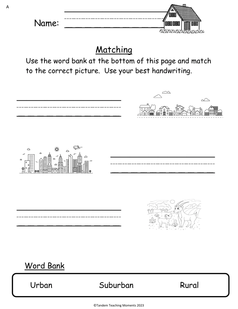 Set A matching activity asks students to label community pictures using Urban, Suburban, and Rural