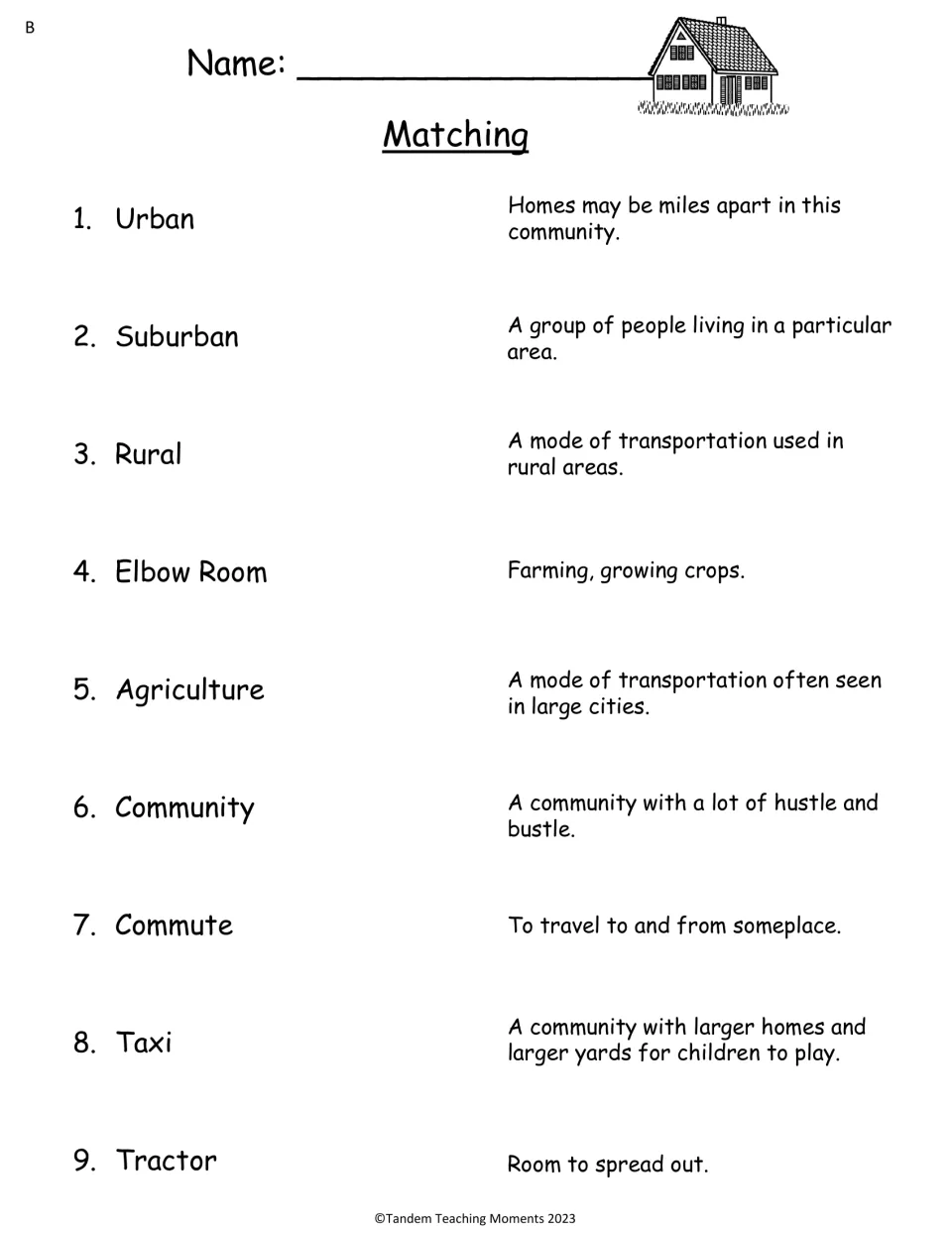 Set B vocabulary matching covers nine terms, including urban, suburban, rural, elbow room, and agriculture