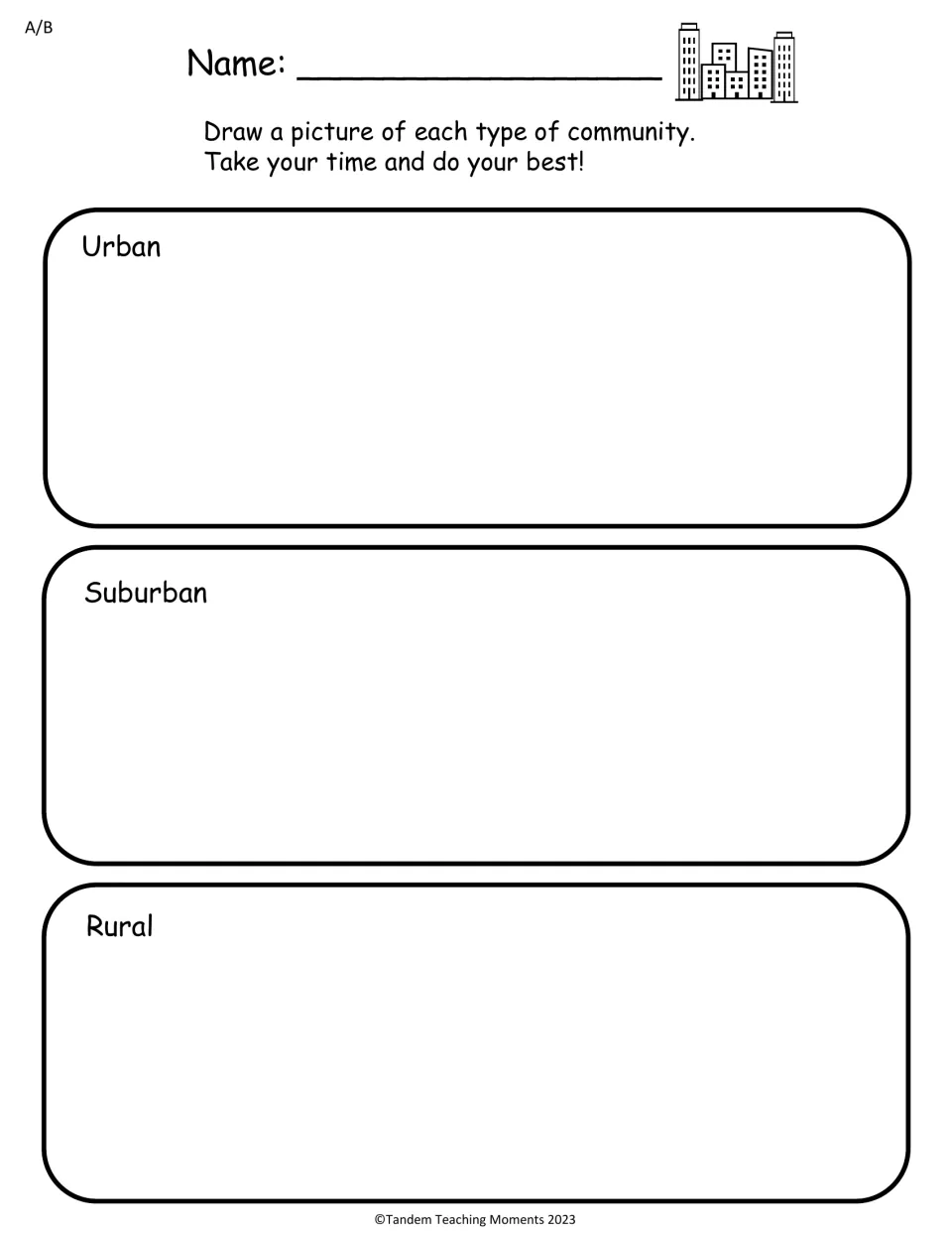 Shared A/B drawing activity asks students to draw an example of each community: urban, suburban, and rural