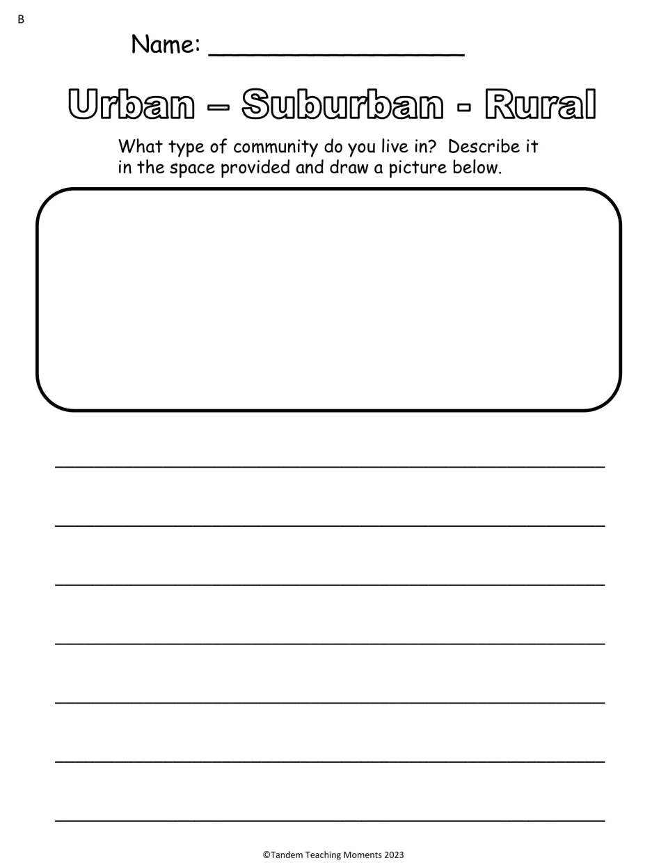 Set B writing and drawing prompt asks students to identify and describe the type of community they live in