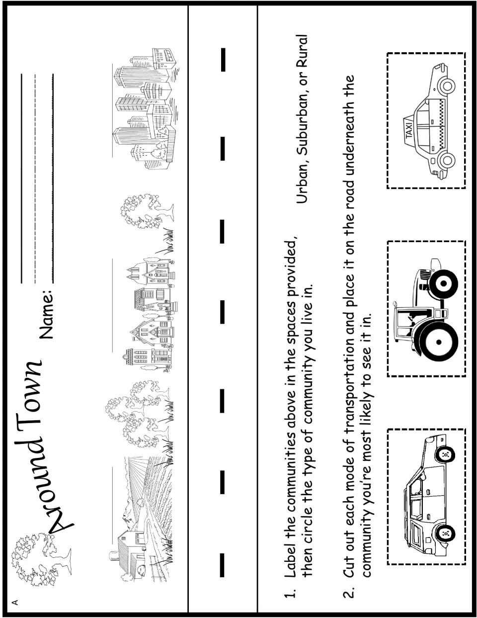 Set A Around Town activity asks students to label communities and cut out a car, tractor, and taxi to match