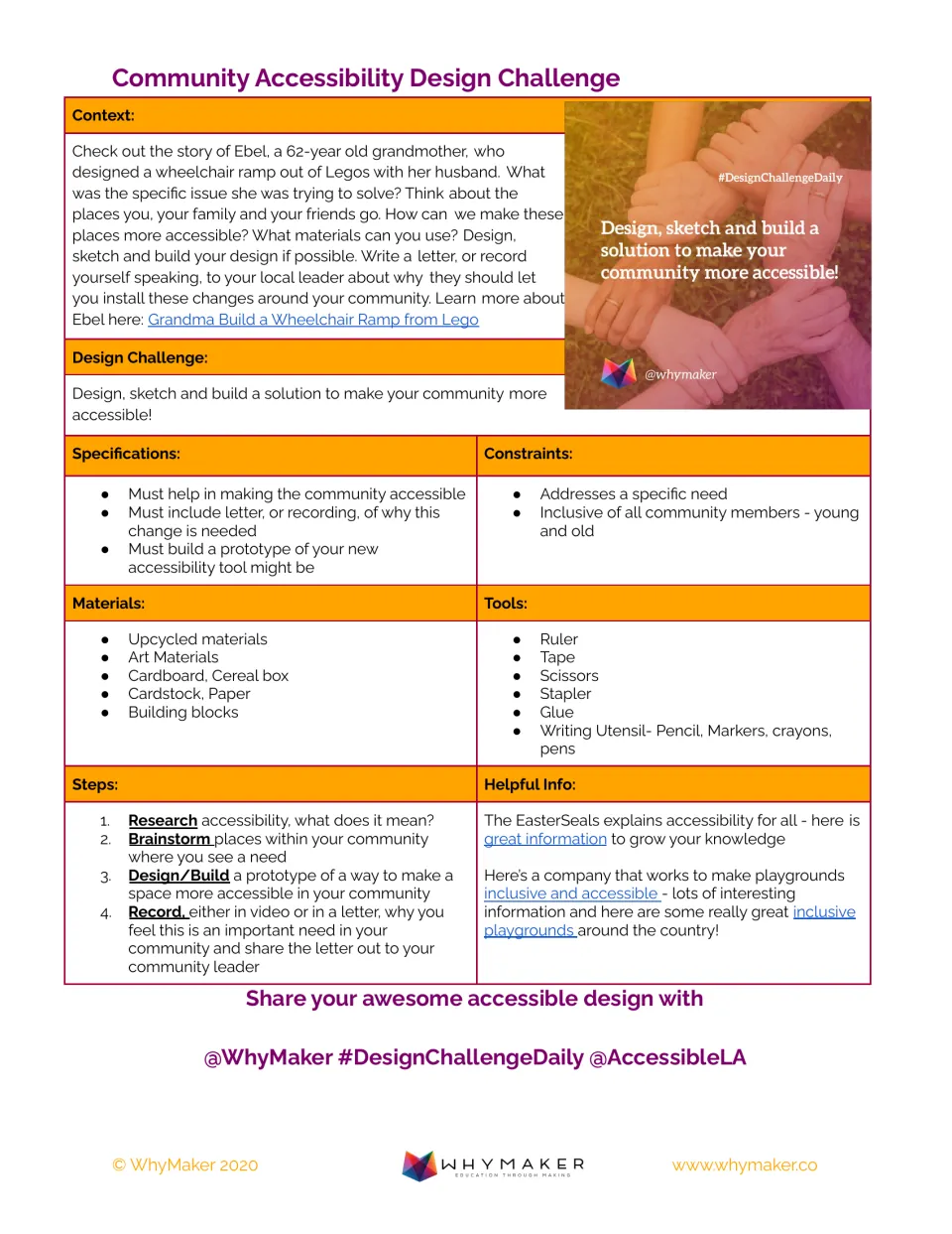 Design challenge brief: build a community accessibility prototype and explain the need in a letter or recording.