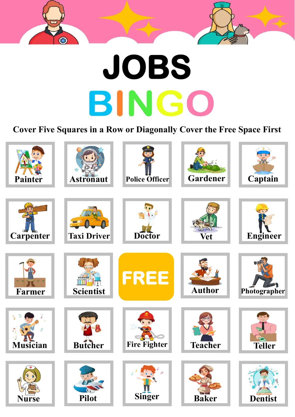 Jobs Bingo board 2: students mark called community helpers, top row Painter, Astronaut, Police Officer, Gardener