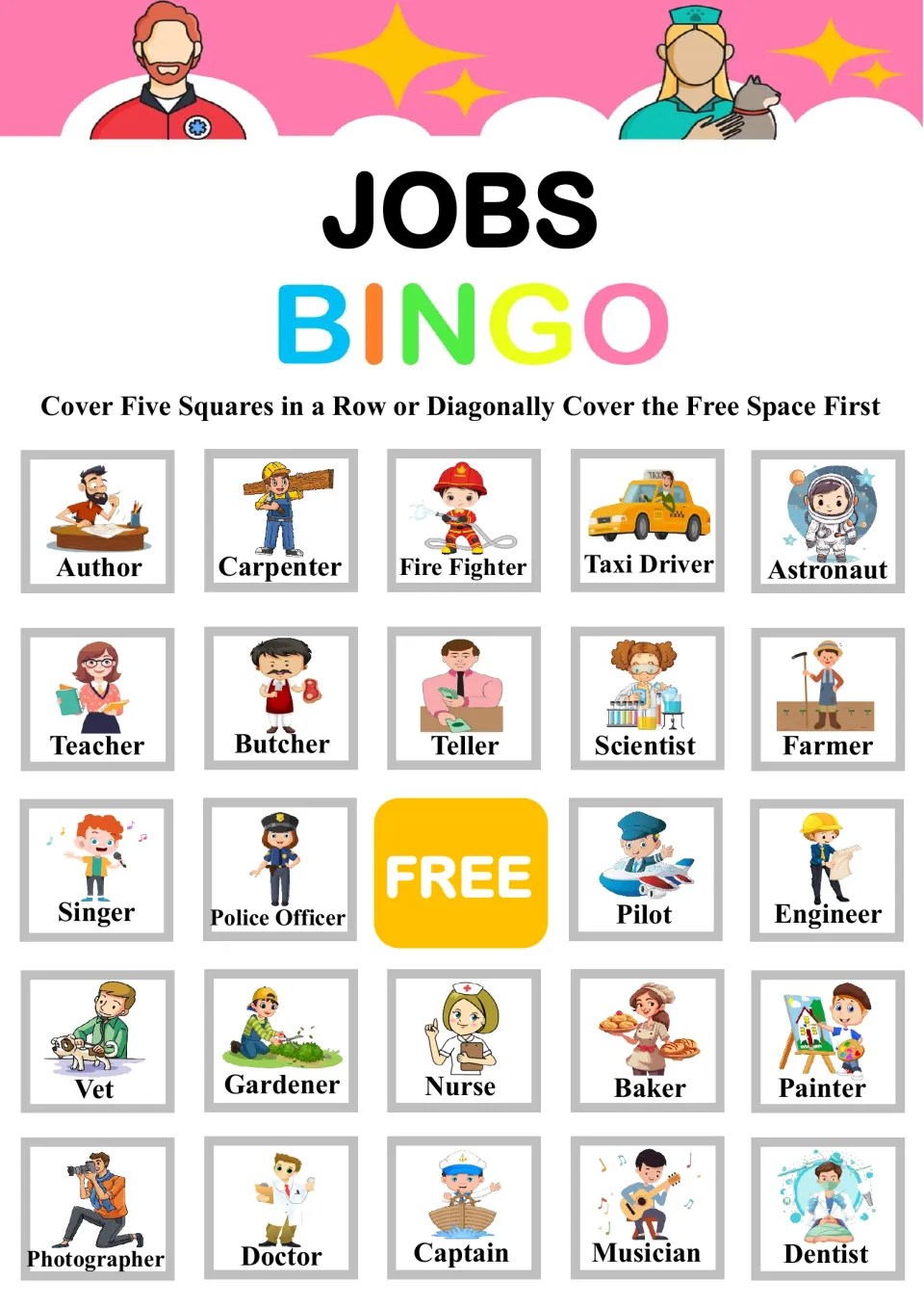 Jobs Bingo board 4: students match called jobs to pictures, top row Author, Carpenter, Fire Fighter, Taxi Driver