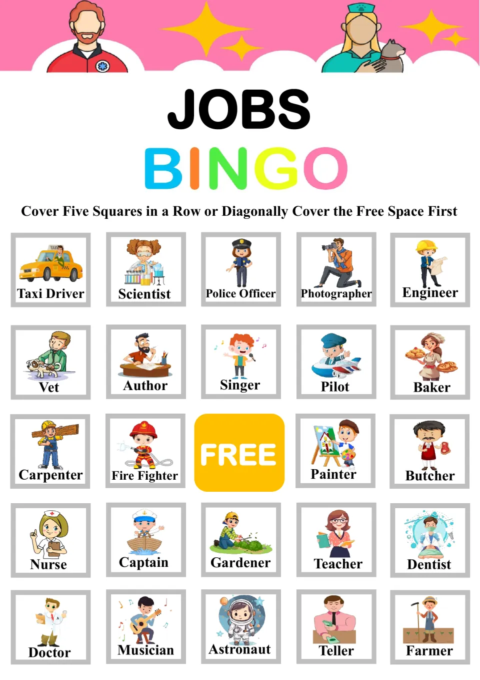 Jobs Bingo board 6: students cover called jobs, top row Taxi Driver, Scientist, Police Officer, Photographer