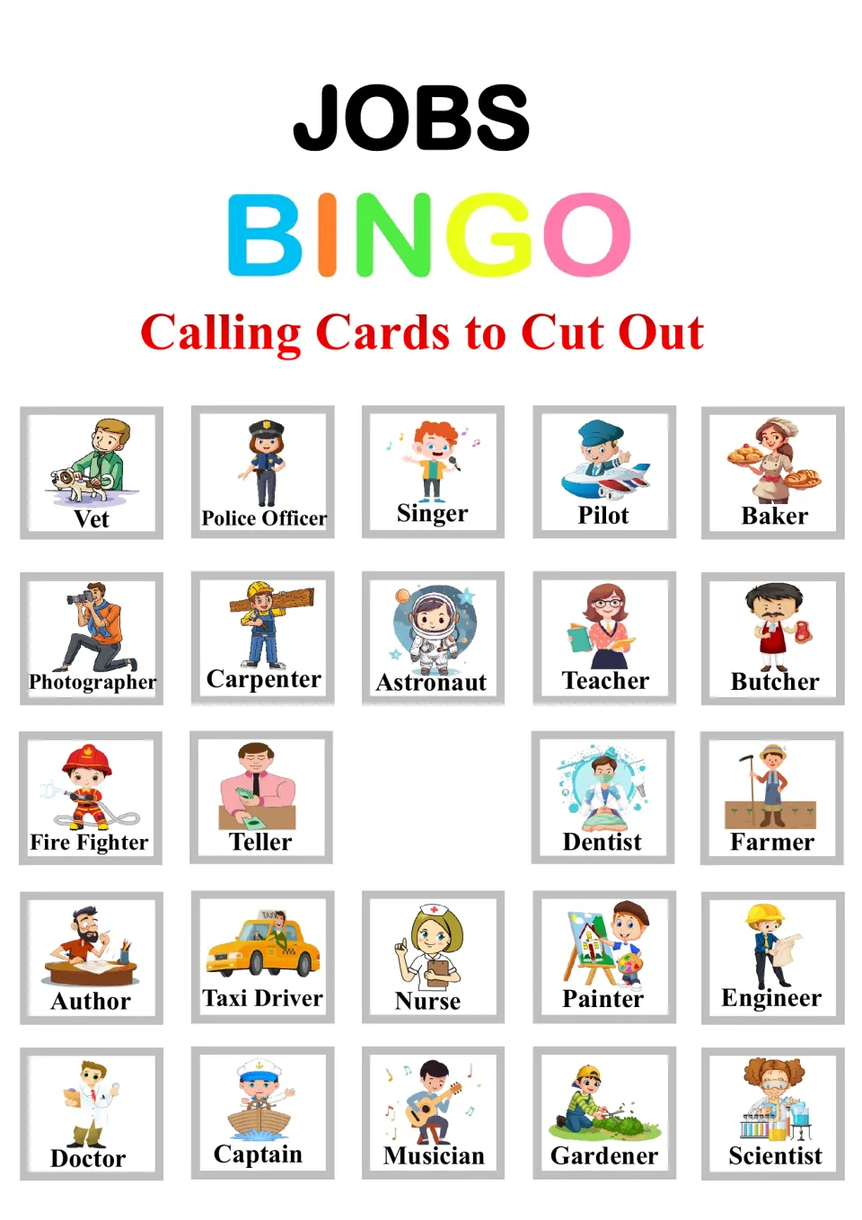 Jobs Bingo calling cards to cut out: 24 picture cards naming jobs such as Vet, Pilot, Baker, Nurse and Doctor