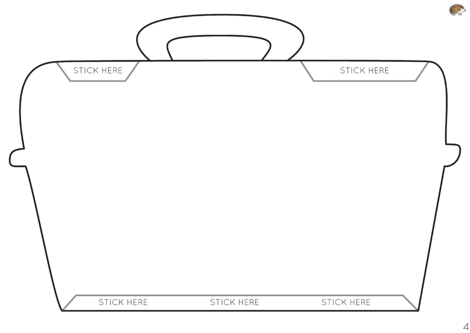 Builder's toolbox cut-out piece: toolbox body with a handle and five stick-here tabs for students to cut and assemble