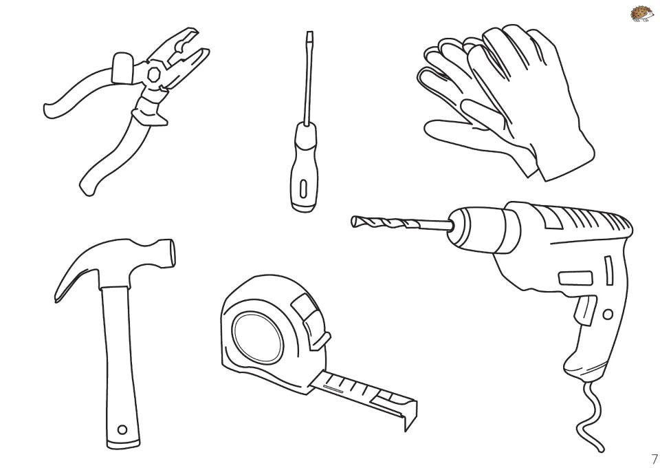 Builder's tools to color and cut out: pliers, screwdriver, gloves, hammer, tape measure and drill to fill the toolbox