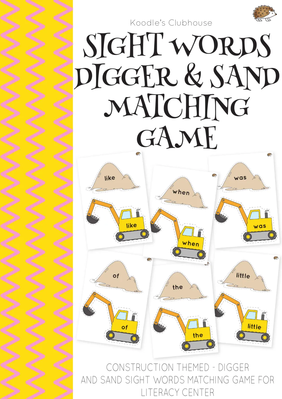 Sight Words Digger & Sand Matching Game cover: construction-themed cards pairing word-labeled sand piles and diggers