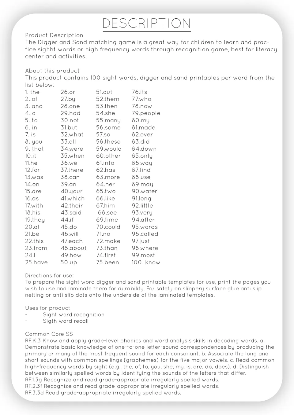 Description listing the 100 sight words in the game, from 'the' to 'know', with laminating and anti-slip prep directions
