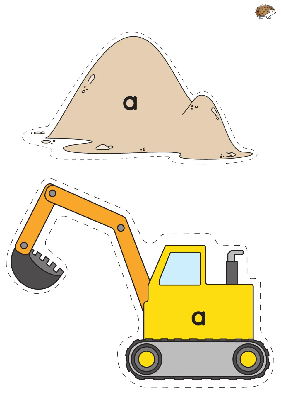 Sight word 'a' cards: a sand pile and an excavator each showing the single letter word 'a' for students to match by sight
