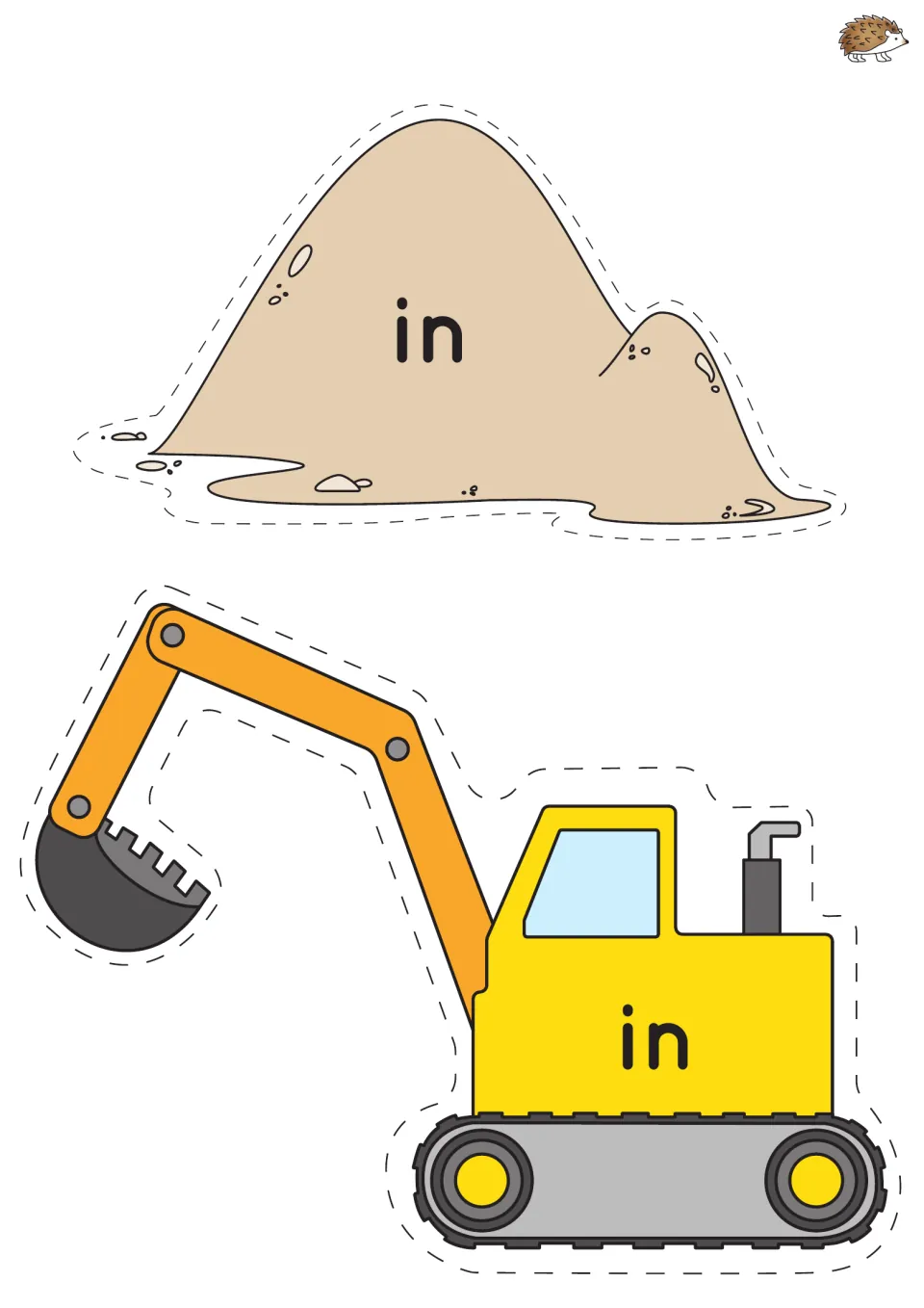 Sight word 'in' digger and sand pair: two cut-out cards labeled 'in' that students match during word recognition practice