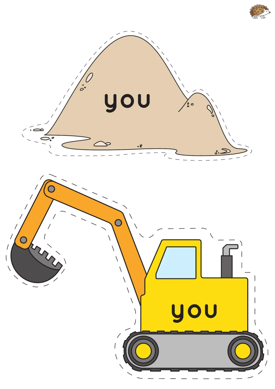 Sight word 'you' recognition cards: students match the 'you' digger to the 'you' sand pile after cutting both pieces out