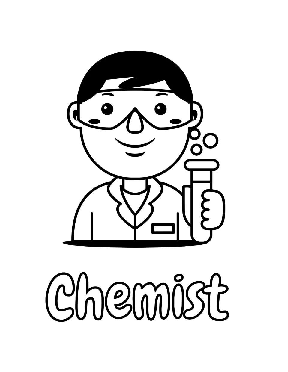 Chemist coloring page: students color a smiling scientist in safety goggles and lab coat holding a bubbling test tube