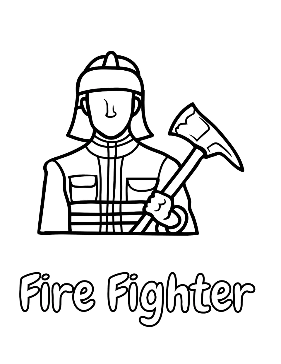 Fire Fighter coloring page: students color a rescuer in a helmet and striped turnout coat gripping an axe