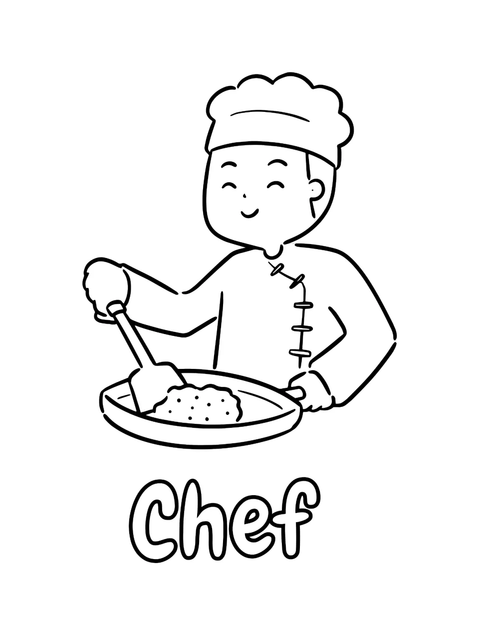 Chef coloring page: students color a smiling cook in a tall hat stirring food in a frying pan