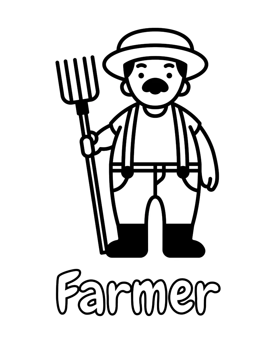 Farmer coloring page: students color a mustached man in a straw hat, suspenders and boots holding a pitchfork