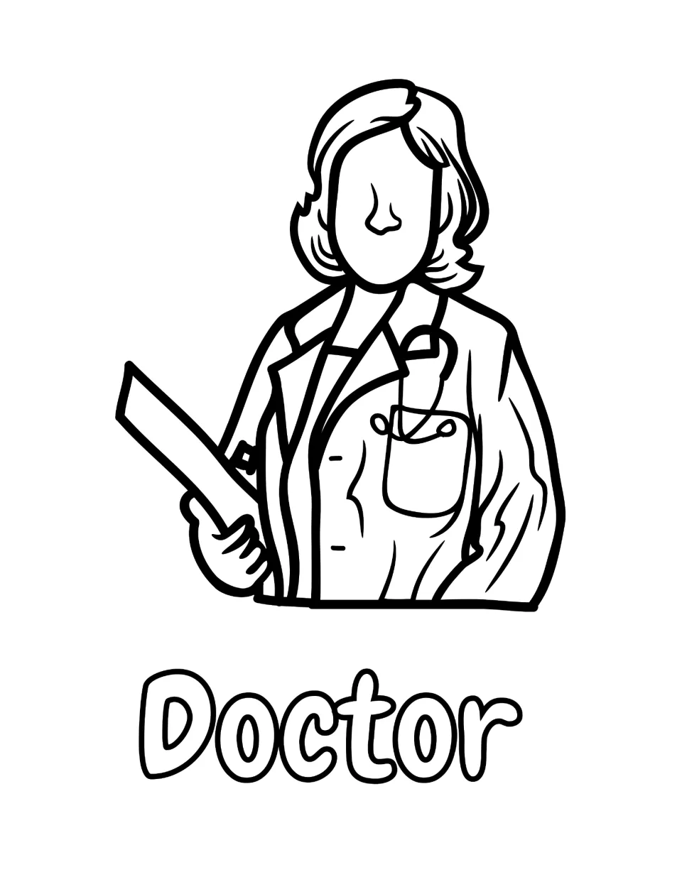 Doctor coloring page: students color a woman in a white coat with a pen in her pocket, holding a clipboard