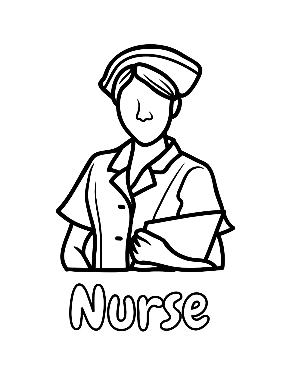 Nurse coloring page: students color a caregiver in a cap and buttoned uniform holding a clipboard