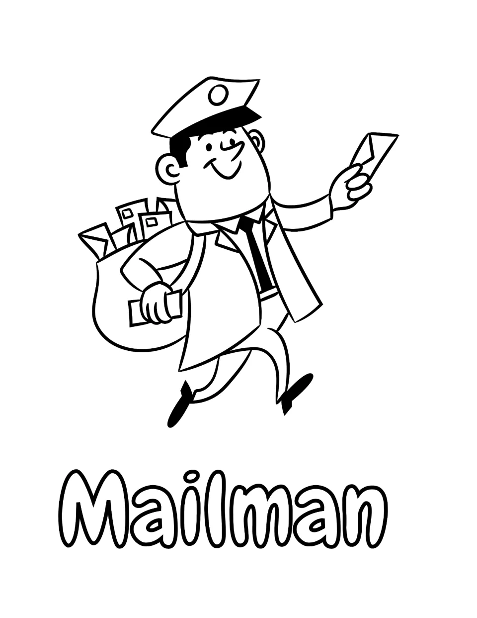 Mailman coloring page: students color a smiling carrier with a sack of letters holding out an envelope