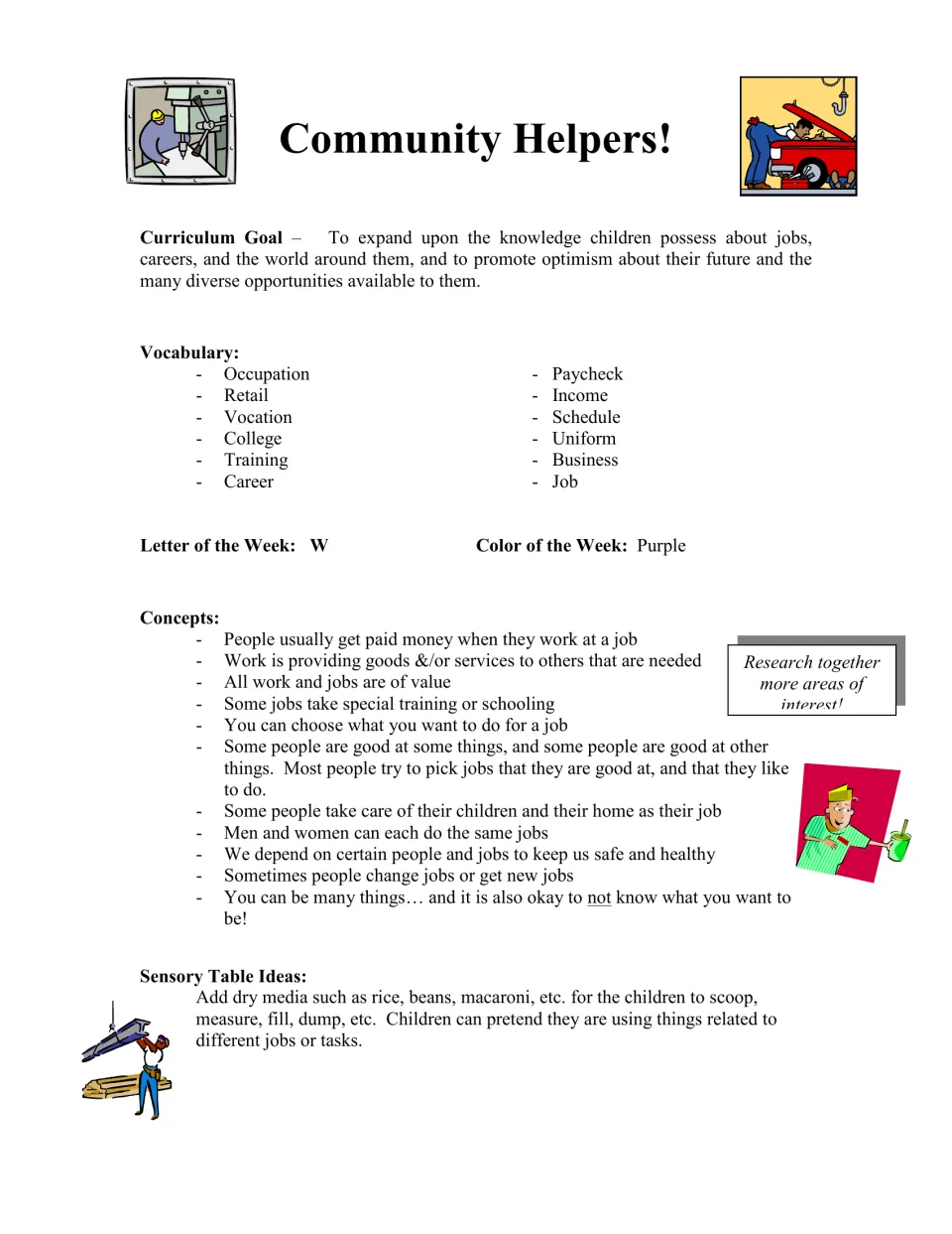 Curriculum overview lists 12 job vocabulary words, letter W, color purple, work concepts, and sensory ideas.