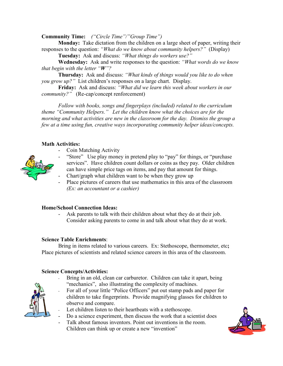 Weekly circle time prompts accompany coin math, family job talks, fingerprint activities, and heartbeat listening.