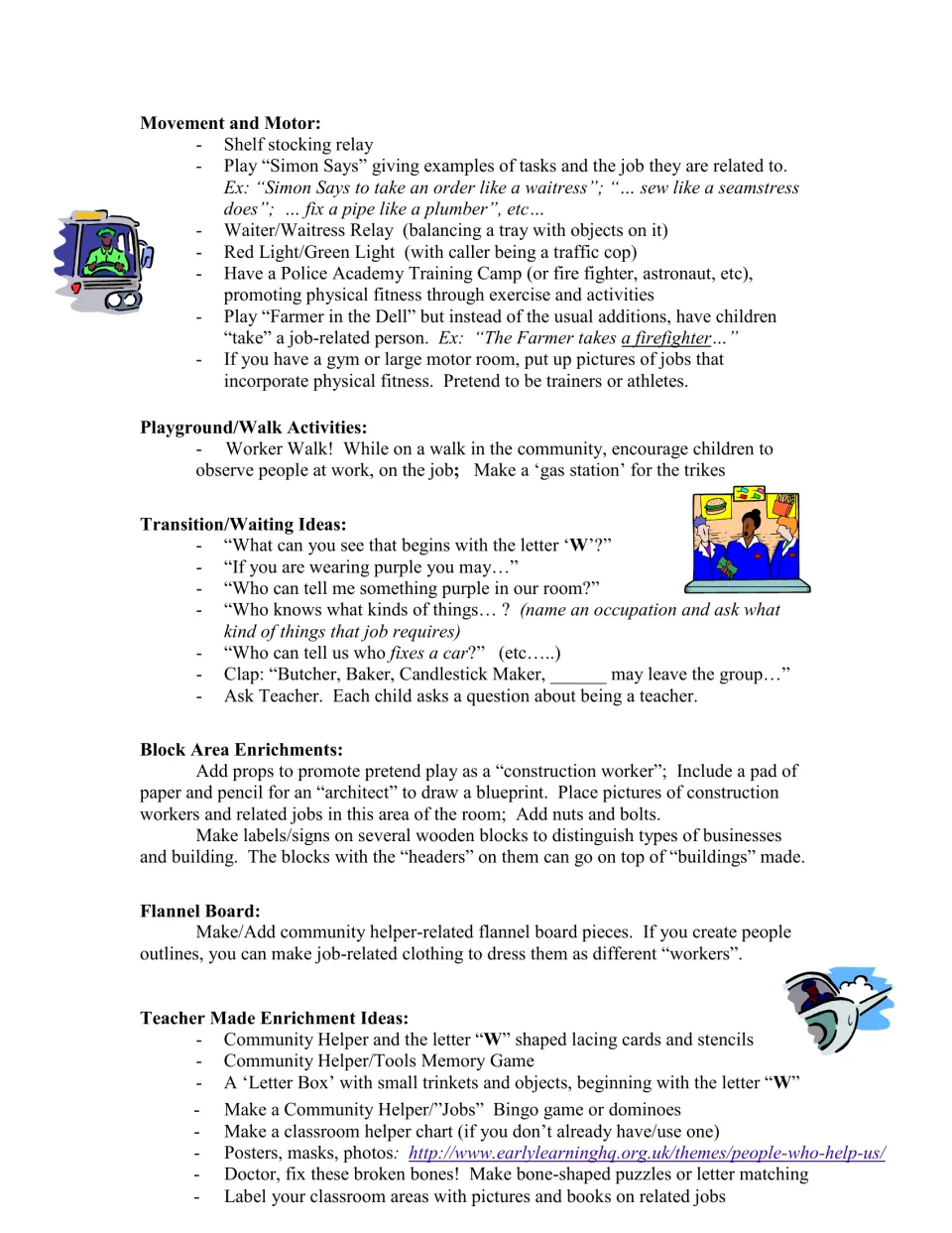 Movement and center ideas include worker relays, a community walk, construction props, and job-themed flannel pieces.