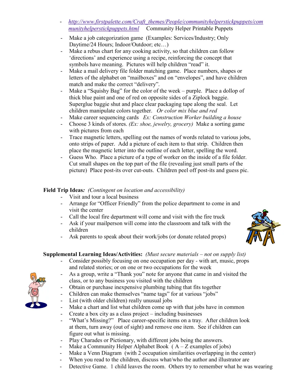 Continued enrichment ideas include mail matching, career sequencing, workplace visits, and a helper alphabet book.