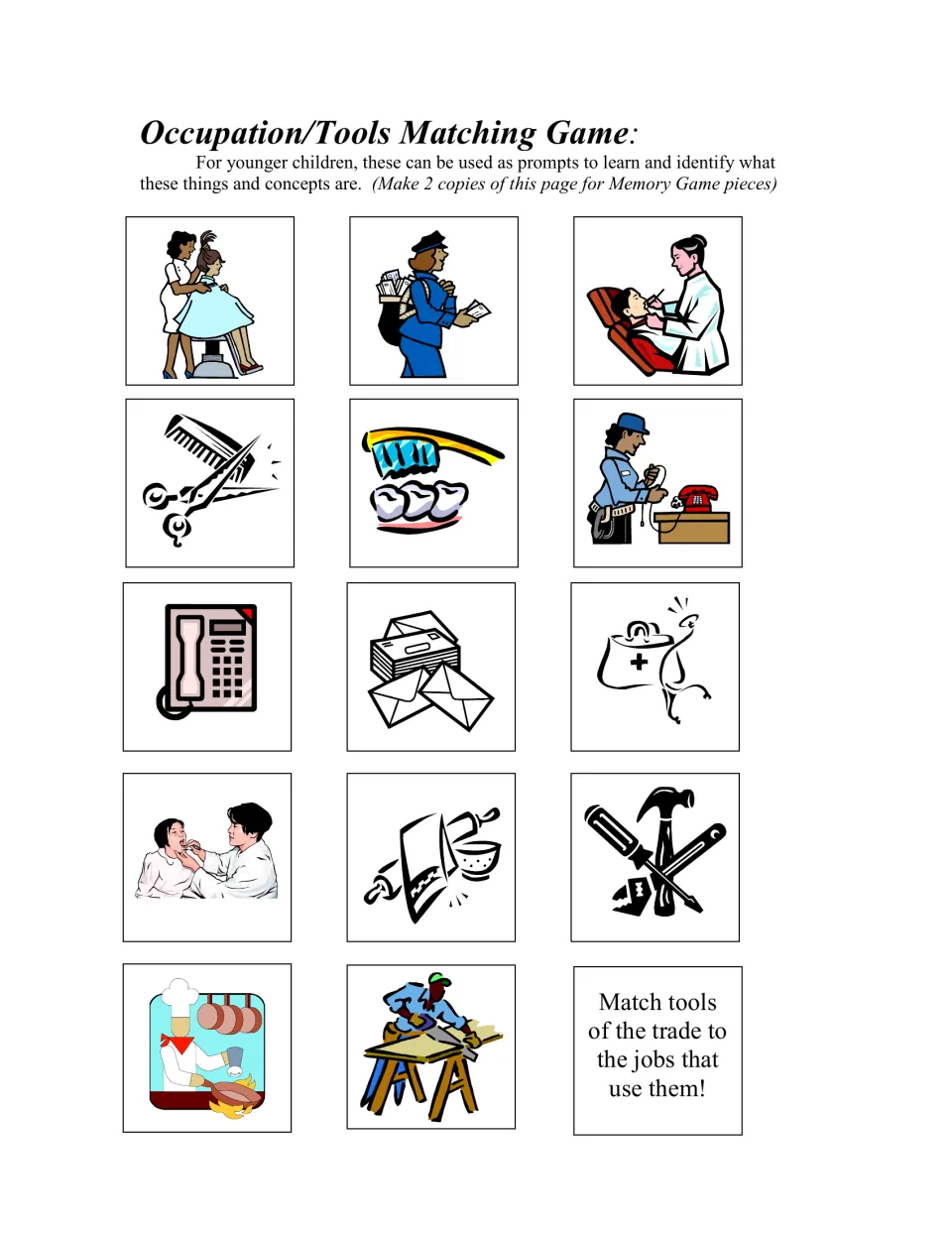 Occupation-and-tool matching sheet has 14 pictures pairing seven workers with tools, including a cook and carpenter.