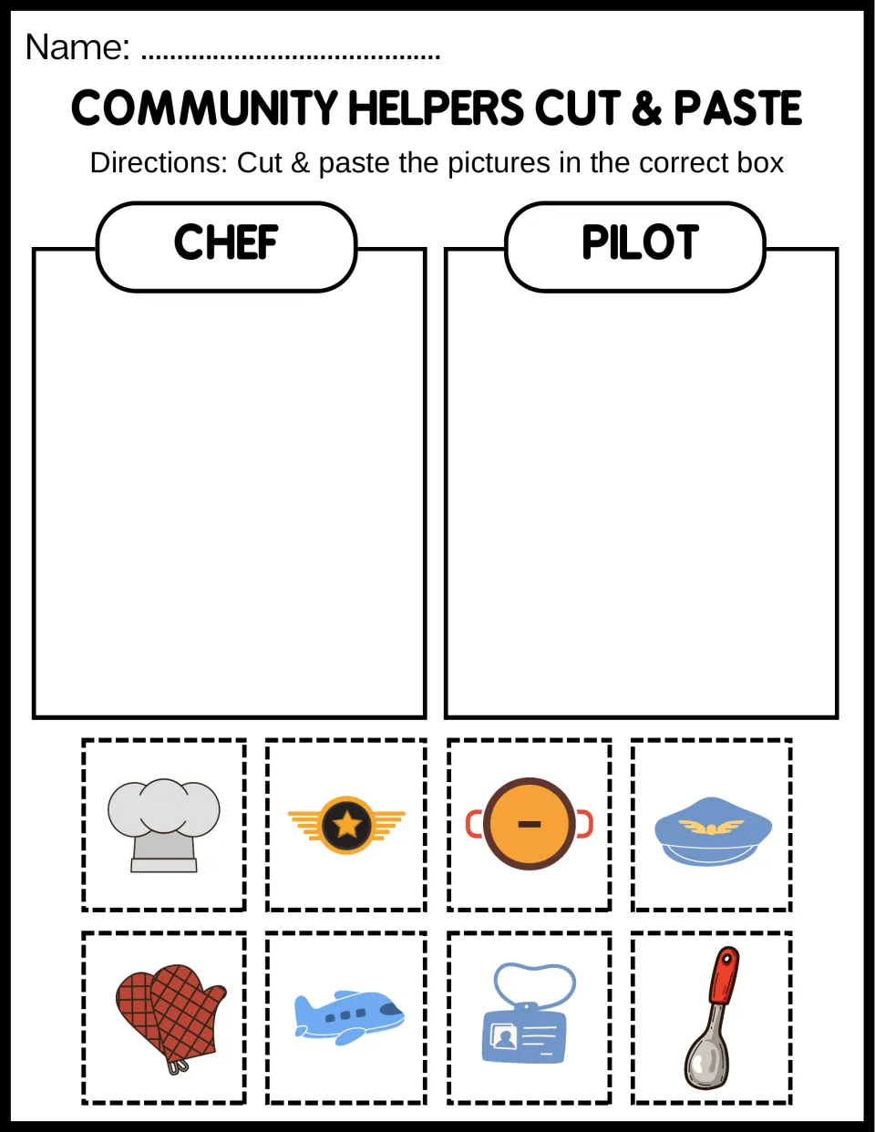 Chef or pilot sort: students cut out a chef hat, oven mitts, pot, airplane, pilot cap and badge and paste each by job