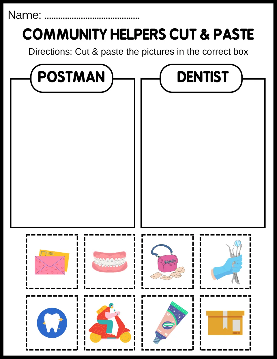 Postman or dentist sort: students cut out mail, scooter rider, braces, tooth and toothpaste and paste each by job
