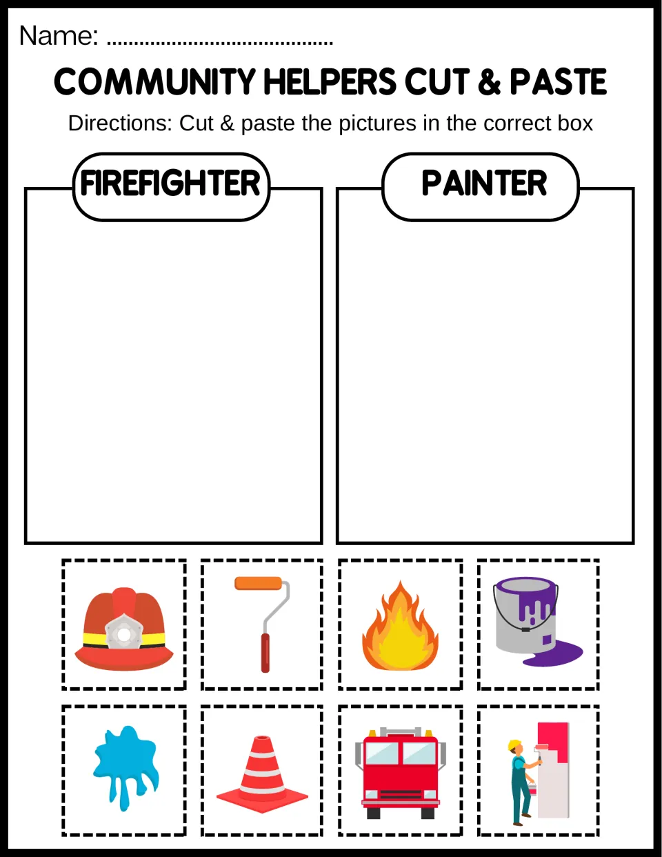 Firefighter or painter sort: students cut out a helmet, flame, fire truck, paint roller and paint can and glue by job