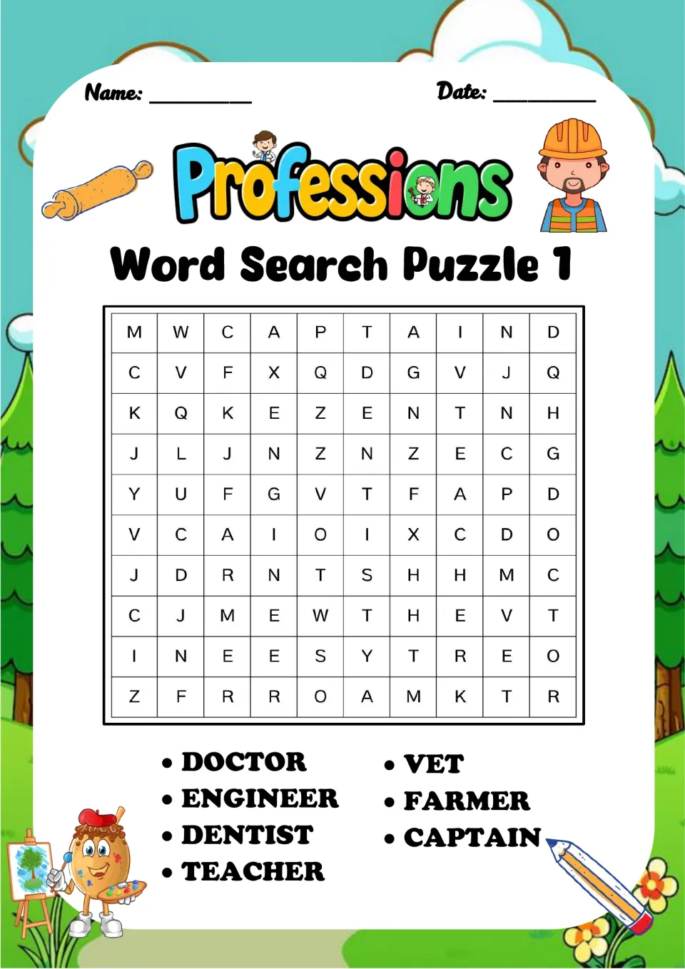 Professions Word Search Puzzle 1: students find 7 job words such as doctor, vet, engineer, farmer, dentist and teacher