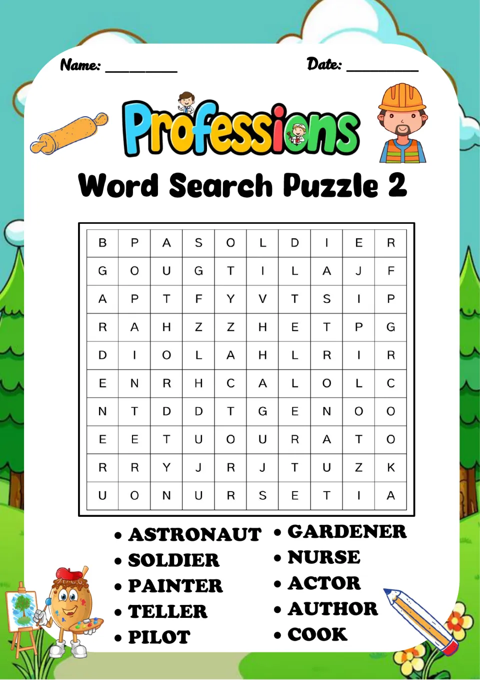 Professions Word Search Puzzle 2: students hunt for 10 jobs including astronaut, gardener, soldier, nurse, pilot and cook