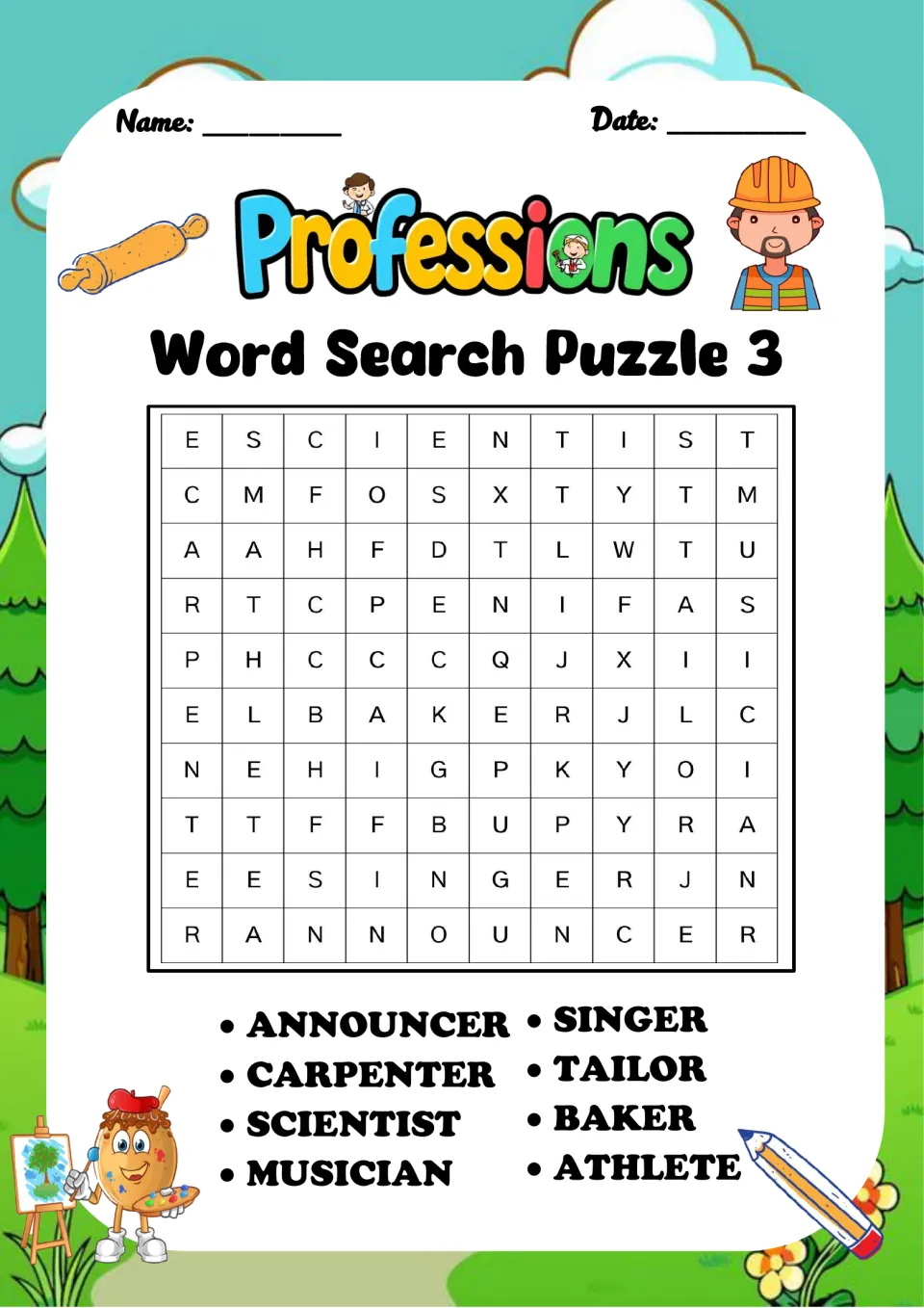 Professions Word Search Puzzle 3: students find 8 jobs such as announcer, carpenter, scientist, musician, baker and tailor