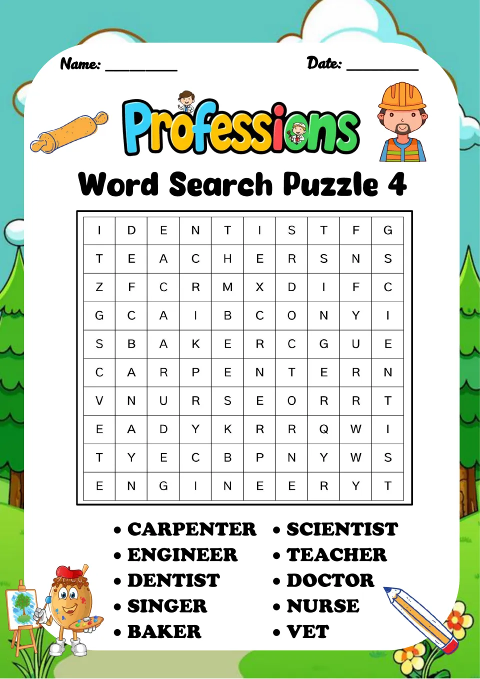Professions Word Search Puzzle 4: students search for 10 mixed jobs, among them carpenter, scientist, singer, baker and vet