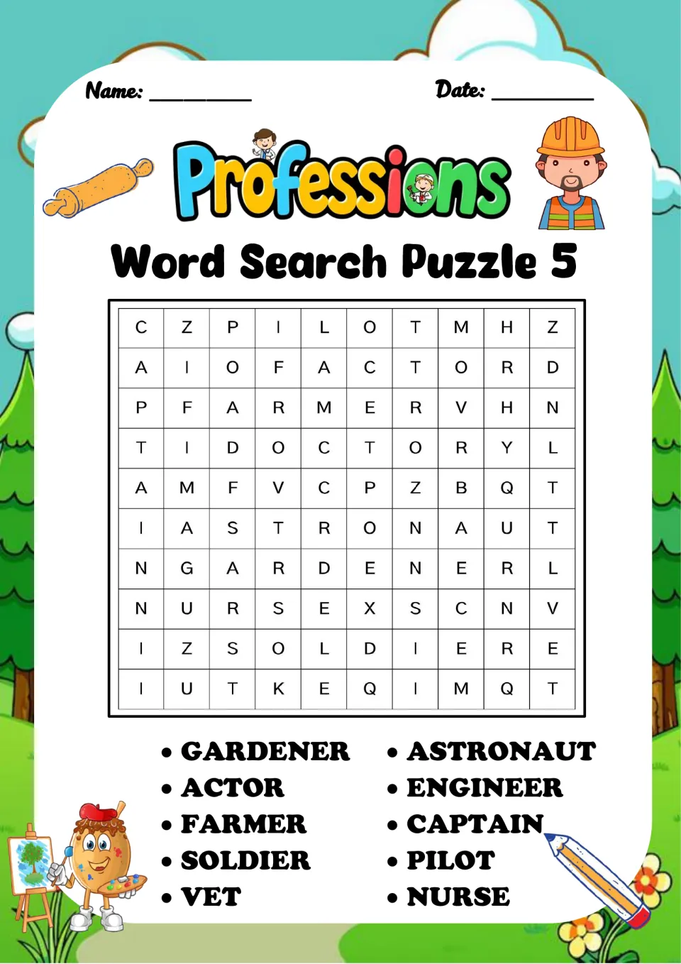Professions Word Search Puzzle 5: students find 10 jobs, including gardener, astronaut, actor, captain, soldier and pilot
