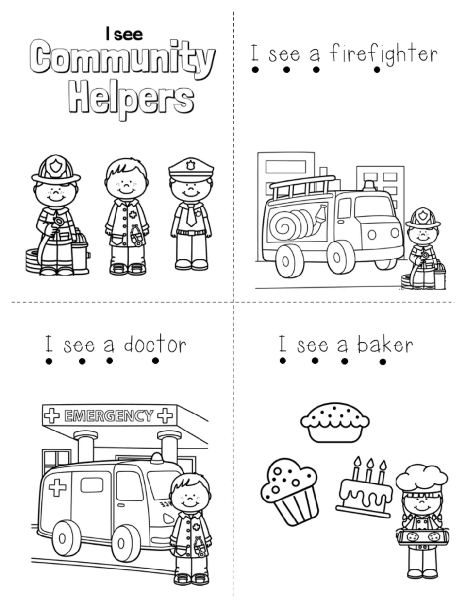 I see Community Helpers mini book cover plus pages for firefighter, doctor and baker; students touch a dot under each word