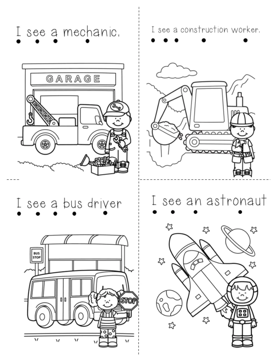 Mini book pages: I see a mechanic, construction worker, bus driver and astronaut, with a tracking dot under each word