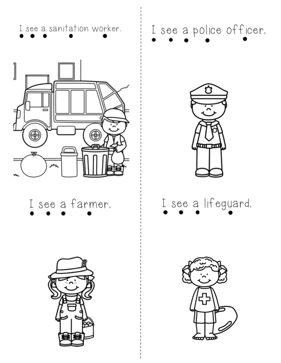 Mini book pages: I see a sanitation worker, police officer, farmer and lifeguard; students point to dots to track each word