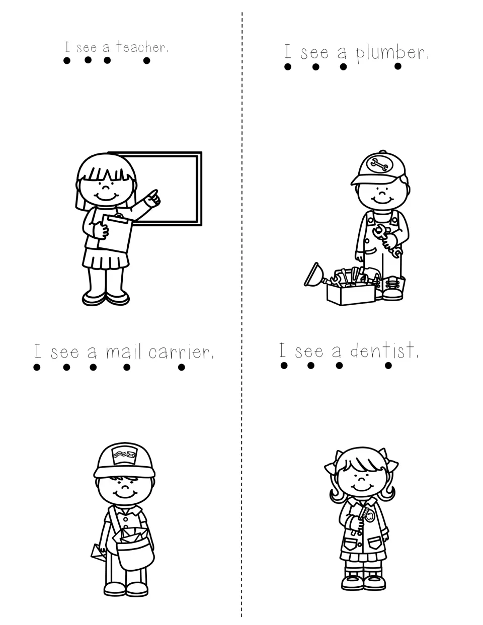 Mini book pages: I see a teacher, plumber, mail carrier and dentist, practising one-to-one word matching with dots to tap