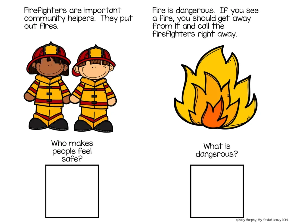 Reading pages 1–2 introduce firefighters and fire danger, asking who makes people feel safe and what is dangerous