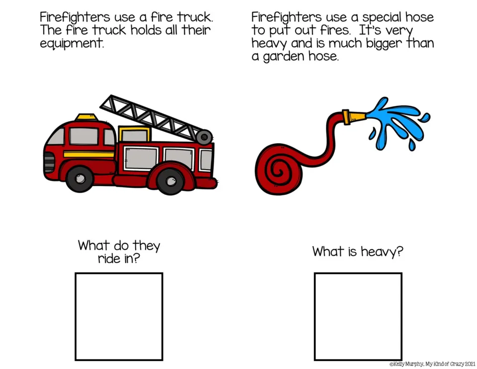 Reading pages 3–4 explain fire trucks and heavy fire hoses, asking what firefighters ride in and what is heavy
