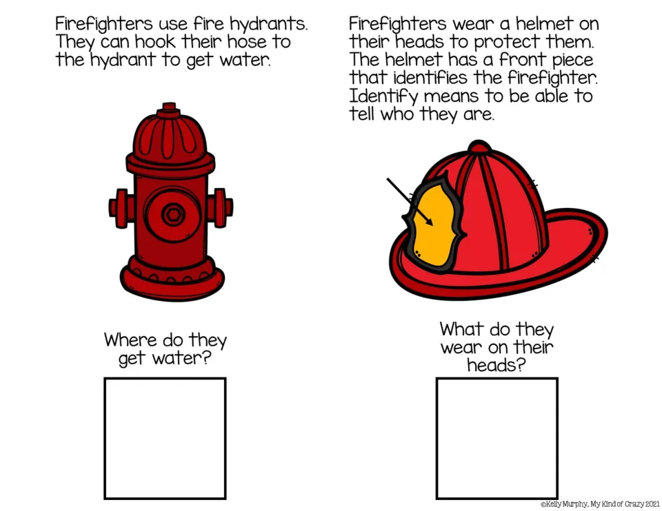 Reading pages 5–6 explain hydrants and helmets, asking where firefighters get water and what they wear on their heads