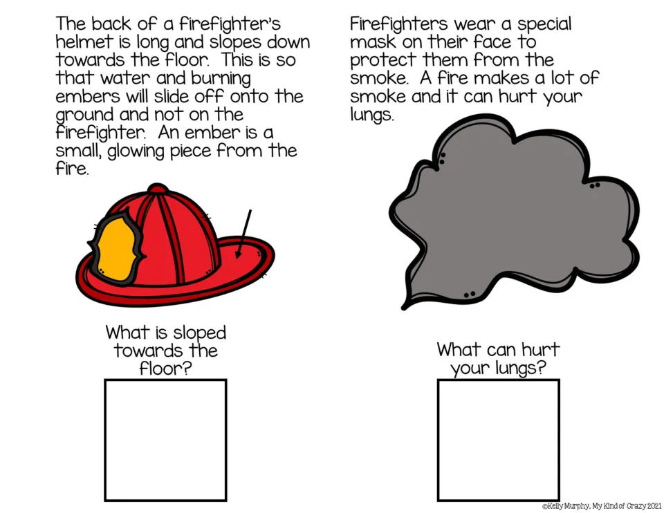Reading pages 7–8 explain a helmet’s sloped back and smoke danger, asking what slopes down and what can hurt lungs