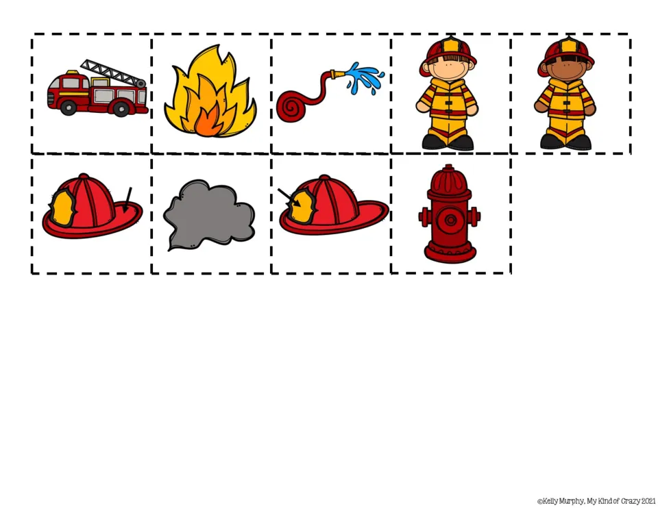 Nine cut-out answer pictures for the adapted book: truck, fire, hose, two firefighters, two helmets, smoke, hydrant