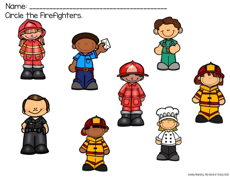 Firefighter identification worksheet asks students to circle four firefighters among eight community helpers